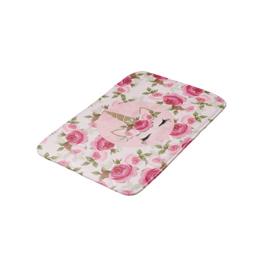 Eenhoorn Goud Roze Bloemen Rozen Schattige Trendy Badmat (Gekanteld)