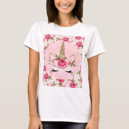 Eenhoorn Goud Roze Bloemen Rozen Schattige Trendy T-shirt