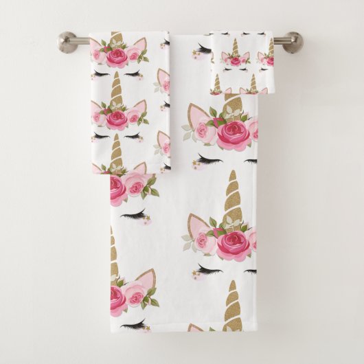 Eenhoorn Goud Roze Bloemen Schattige Trendy Badhan Bad Handdoek (Insitu)