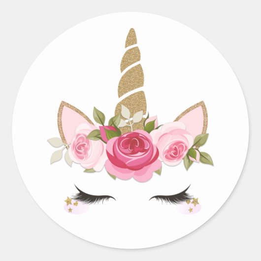 Eenhoorn Goud Roze Bloemen Schattige Trendy Classi Ronde Sticker (Voorkant)