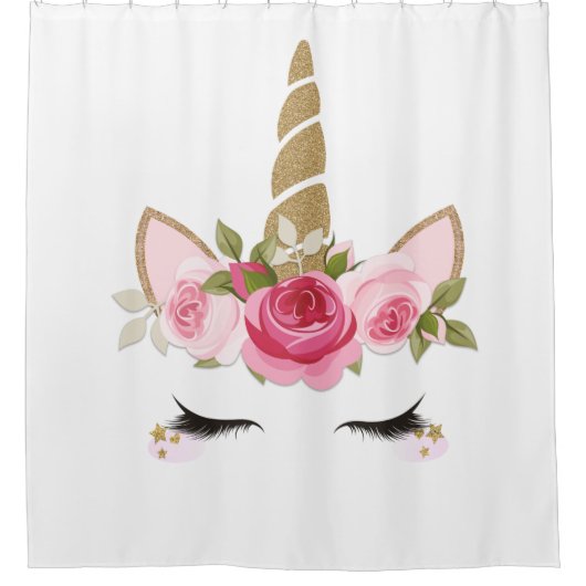 Eenhoorn Goud Roze Bloemen Schattige Trendy Douche Douchegordijn (Voorkant)