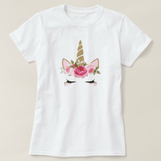 Eenhoorn Goud Roze Bloemen Schattige Trendy Girly T-shirt (Design voorkant)