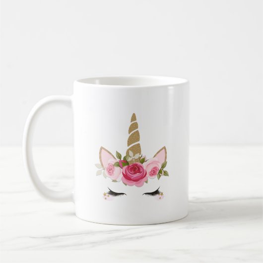 Eenhoorn Goud Roze Bloemen Schattige Trendy Koffie Koffiemok (Links)