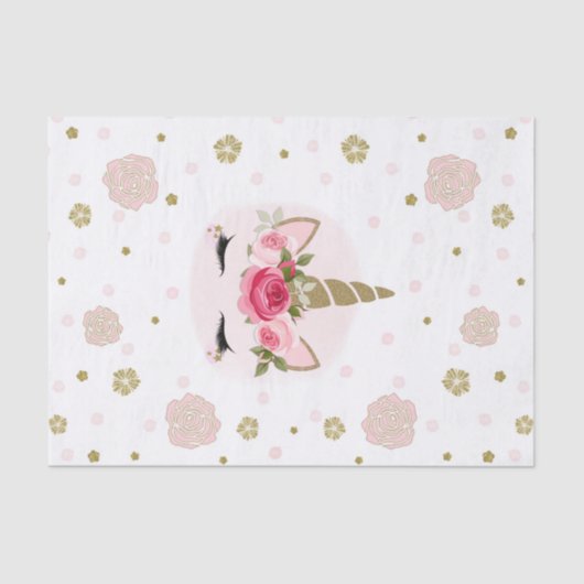 Eenhoorn Goud Roze Bloemen Schattige Trendy Party Tissuepapier (Voorkant)