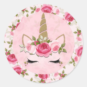 Eenhoorn Goud Roze Bloemrozen Mooie Modieuze Ronde Sticker
