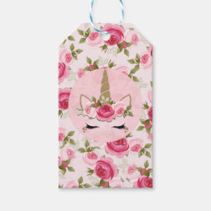 Eenhoorn Goud Roze Bloemrozen Verjaardagsfeestje Cadeaulabel
