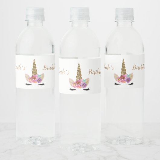 Eenhoorn Gouden Glitter Bloemen Aangepaste Verjaar Waterfles Etiket (Flessen)