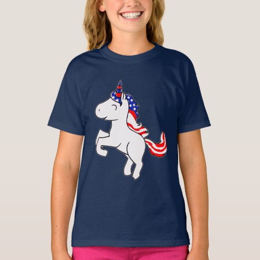 Eenhoorn Grijs Patriottisch USA Flag Cartoon Meisj T-shirt (Voorkant)