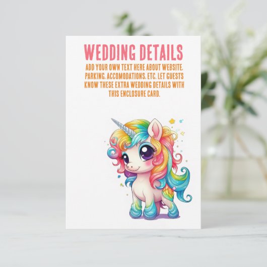 Eenhoorn grillige magische roze bruiloft details informatiekaartje (Staand voorkant)