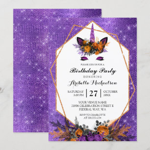 Eenhoorn Halloween Floral Paarse Sparkle Verjaarda Kaart