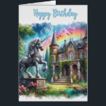 Eenhoorn Happy Birthday Friend Wenskaart<br><div class="desc">Deze verjaardagskaart is gemaakt voor een vriend. Het afbeelding aan de voorzijde is voorzien van een waterverf afbeelding van eenhoorn en een kasteel. Er is een begroeting binnenin die je kunt personaliseren. (Ai gegenereerde waterverf afbeelding gemaakt door Susang6)</div>