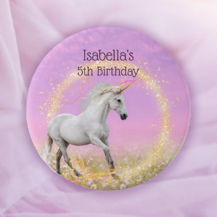 Eenhoorn Happy Birthday Naam en Leeftijd Sjabloon Ronde Button 7,6 Cm