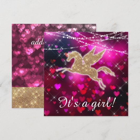 Eenhoorn Harten Roze Baby Girl Douche Uitnodiging (Voorkant / Achterkant)