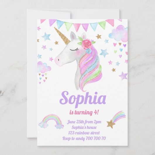 Eenhoorn Head Gold Rainbow Glitter Girl Verjaardag Kaart (Voorkant)