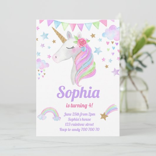 Eenhoorn Head Gold Rainbow Glitter Girl Verjaardag Kaart (Staand voorkant)