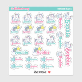 Eenhoorn Hearts gepersonaliseerde naamlabels | Sch Sticker