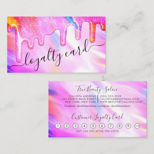 Eenhoorn Holografische Dikke Glitter Druppelt Loya Klantenkaartje (Voorkant / Achterkant)