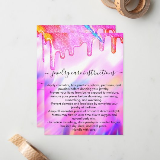 Eenhoorn Holografische Glitter Drip Sieraden Care Notitiekaartje (Voorkant / Achterkant in situ)