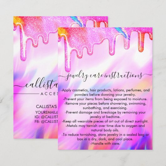 Eenhoorn Holografische Glitter Drip Sieraden Care  Notitiekaartje (Voorkant / Achterkant)