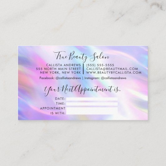 Eenhoorn Holografische Glitter Druppels Afspraak Visitekaartje (Achterkant)