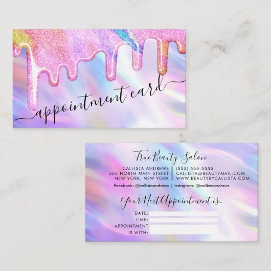 Eenhoorn Holografische Glitter Druppels Afspraak Visitekaartje (Voorkant / Achterkant)