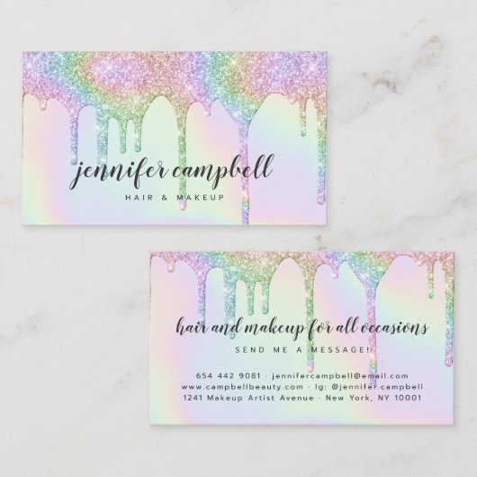 Eenhoorn holografische glitter druppels glam make- visitekaartje (Voorkant / Achterkant)