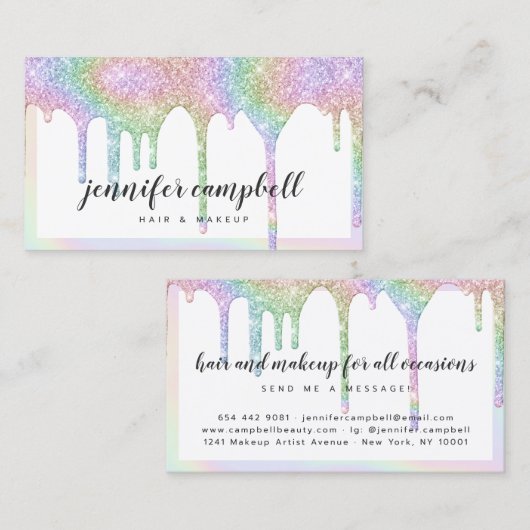 Eenhoorn holografische glitter druppels witte make visitekaartje (Voorkant / Achterkant)