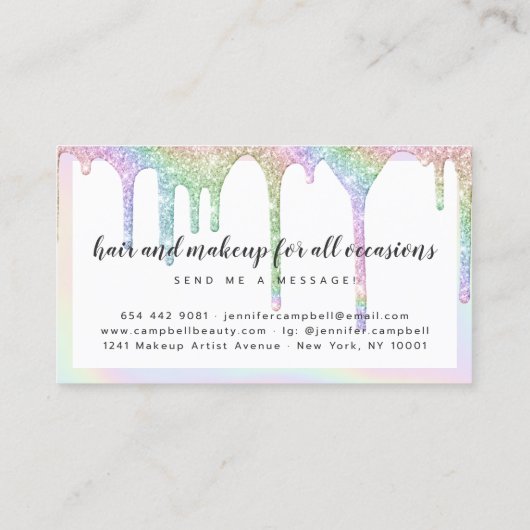 Eenhoorn holografische glitter druppels witte make visitekaartje (Achterkant)