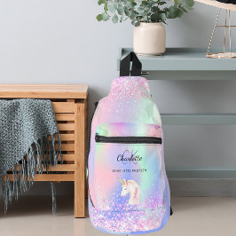 Eenhoorn holografische roze monogram naam sling bag