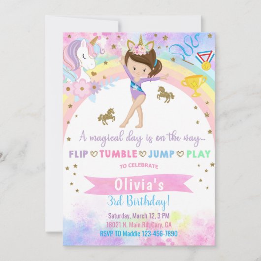 Eenhoorn hoofd gymnastiek brunette meisje verjaard kaart (Voorkant)