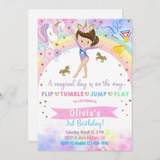 Eenhoorn hoofd gymnastiek brunette meisje verjaard kaart (Voorkant / Achterkant)