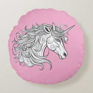 Eenhoorn hoofd tekening (ROZE BGRD) Rond Kussen