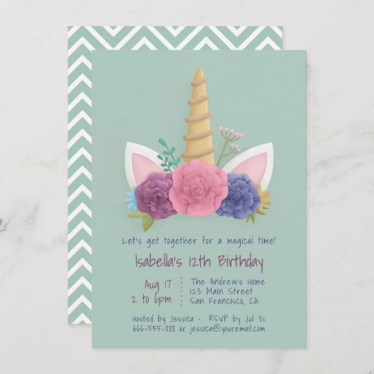 Eenhoorn Hoorn Lente Bloemen Meisjes Verjaardagsfe Kaart (Voorkant / Achterkant)