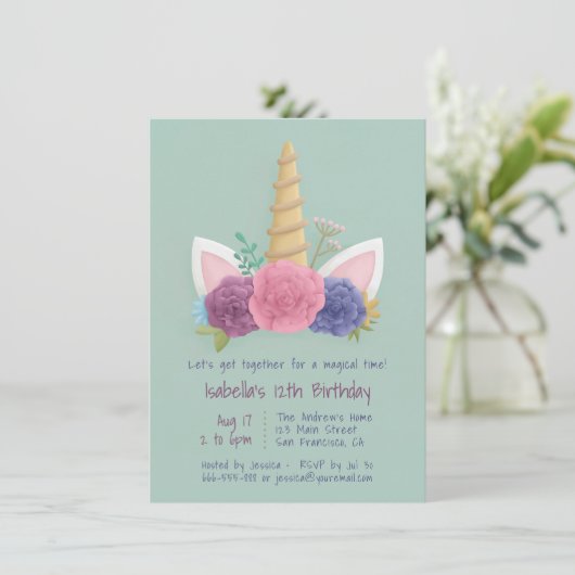 Eenhoorn Hoorn Lente Bloemen Meisjes Verjaardagsfe Kaart (Staand voorkant)