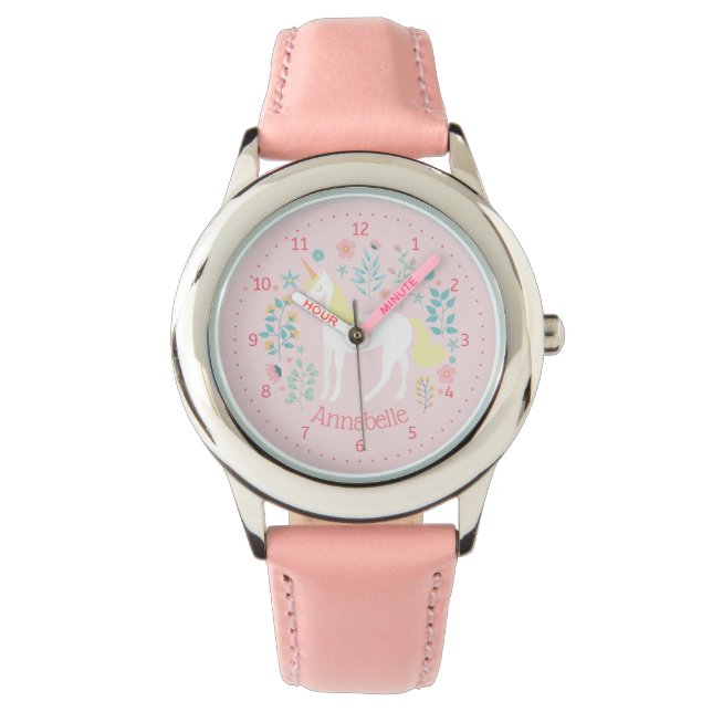 Eenhoorn horloge gepersonaliseerde naam roze (Voorkant)