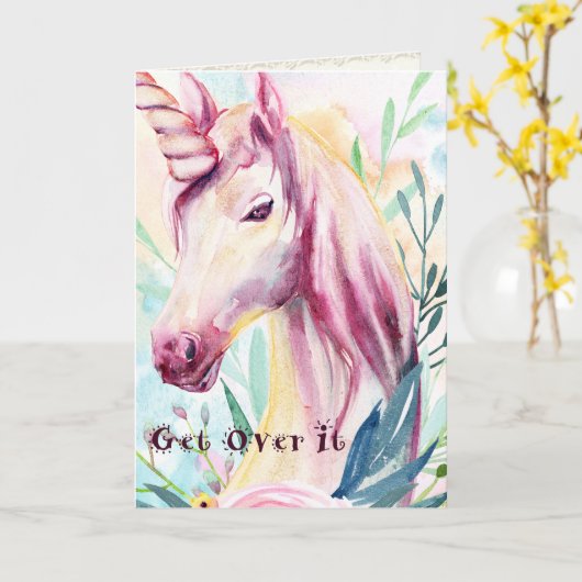 Eenhoorn Humor Kleurrijke Waterverf Get Well Kaart (Gele Bloem)
