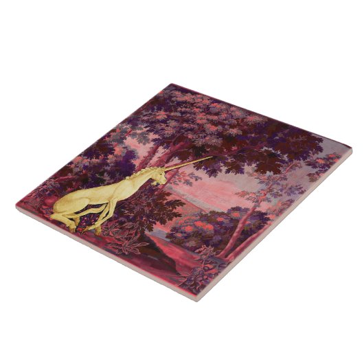 EENHOORN IN BOS LANDSCHAP, BOMEN, Roze Blauw Tegeltje (Zijkant)