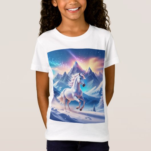 Eenhoorn in majestueuze besneeuwde bergen t-shirt (Voorkant)