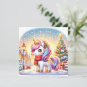 Eenhoorn in schemerlicht in een Kerstmis dorp Feestdagenkaart (Staand voorkant)