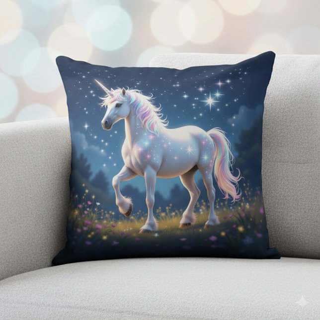 Eenhoorn in Starlit Wildflower Meadow at Night Kussen (Unicorn in Starlit Wildflower Meadow at Night Throw Pillow Cover Photo)