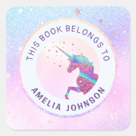 Eenhoorn iriserend roze blauw Dit boek behoort toe Vierkante Sticker