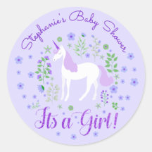 Eenhoorn is een meisje Paarse Baby shower geperson