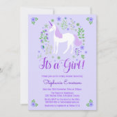 Eenhoorn is een meisje Paarse Baby shower uitnodig Kaart (Voorkant)
