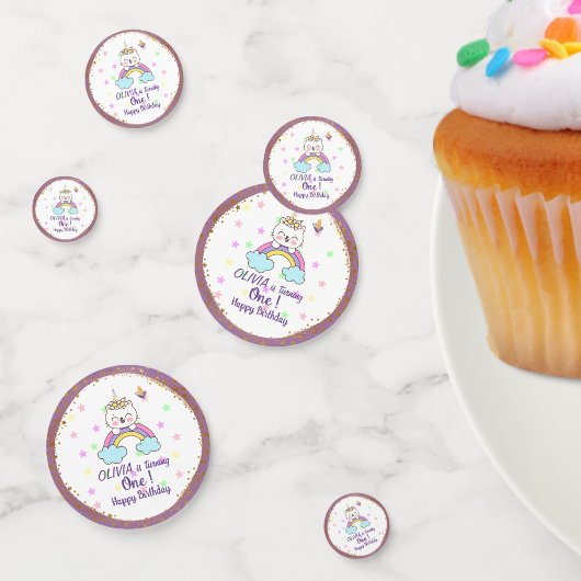 Eenhoorn Kat Regenboog Gouden Paarse 1e Verjaardag Confetti