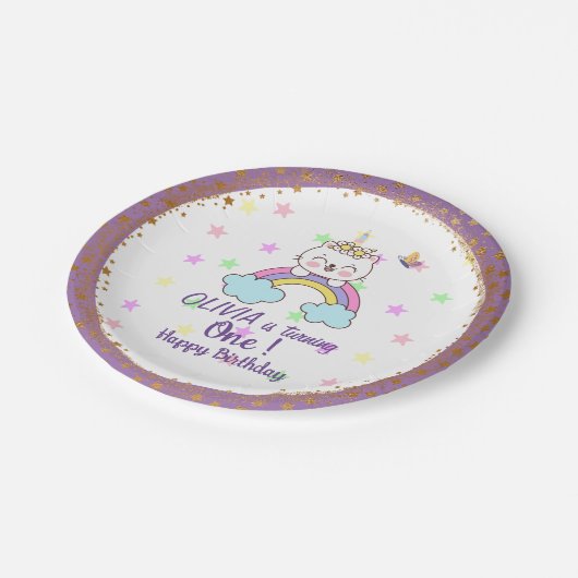 Eenhoorn Kat Regenboog Gouden paarse 1e Verjaardag Papieren Bordje (Gekanteld)