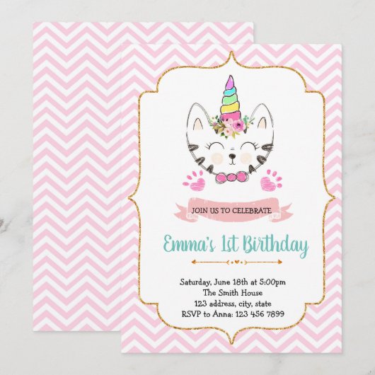 Eenhoorn kat verjaardagsuitnodiging kaart (Voorkant / Achterkant)