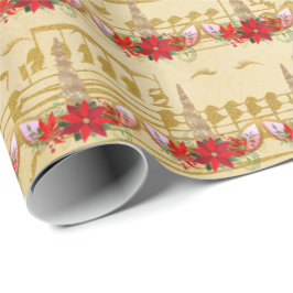 Eenhoorn Kerst Feestdagen Bloemen Muziek Goud Rood Cadeaupapier