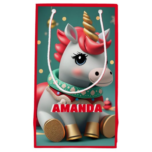 Eenhoorn Kerst Gepersonaliseerd Kinder Rood Klein Cadeauzakje (Voorkant)