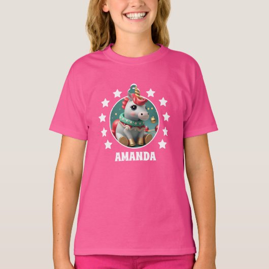 Eenhoorn Kerst Gepersonaliseerde Kinder Roze T-shirt (Voorkant)