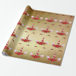 Eenhoorn Kerst Vakantie Rood Goud Bloemen Classy Cadeaupapier